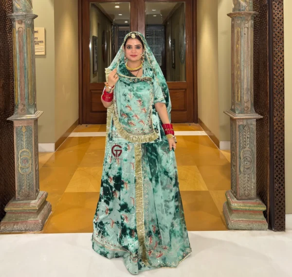 Partywear Satan Humrahi With Exquisite Zari Saburi Design Rajputi Poshak