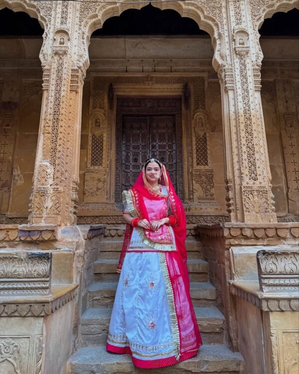 Royal Rajwadi Antique Satin Silk Poshak – White & Cherry Rani Contrast | Handcrafted Gota & Dori Work