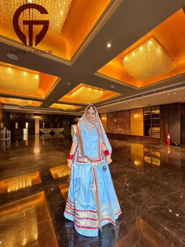 Light Firozi Coloured Branded With Gota Patti Rajputi Poshak(Semi Stich)
