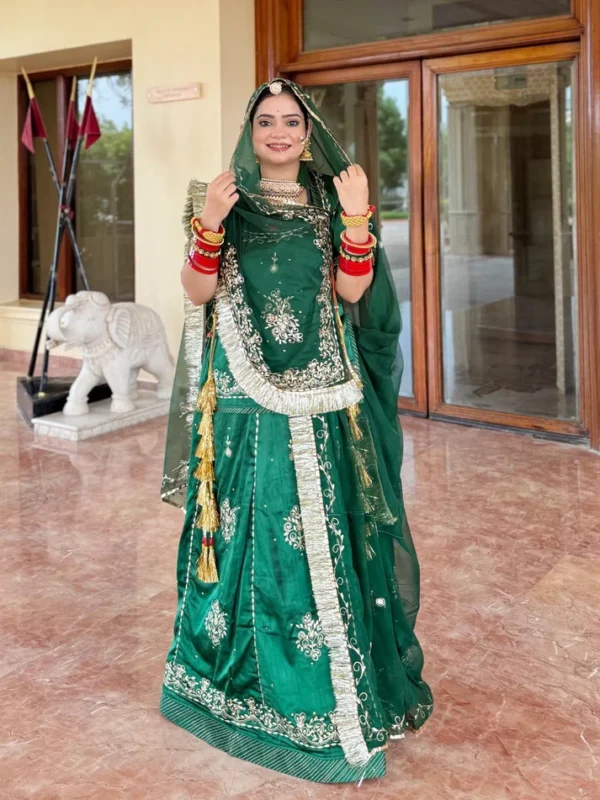Green Coloured Satin and Hamrahi Fabric Mehendi festive kasab zari Work Rajputi Poshak