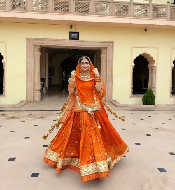 32 Kali Satin & Hamrahi Pure Orange Rajputi Poshak | Festive Gotta Patti Party Wear Rajasthani Dress